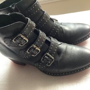 Paul Green Boots Soho Moto Silver Studded Black Leather Buckle Size 7
